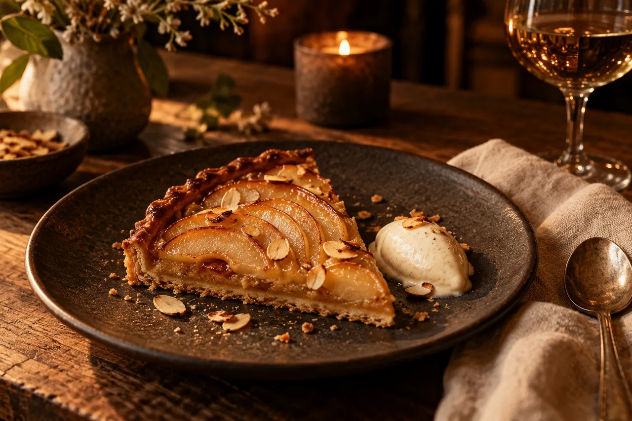 AI concept of a pear tart and vanilla cream on a warm oak table