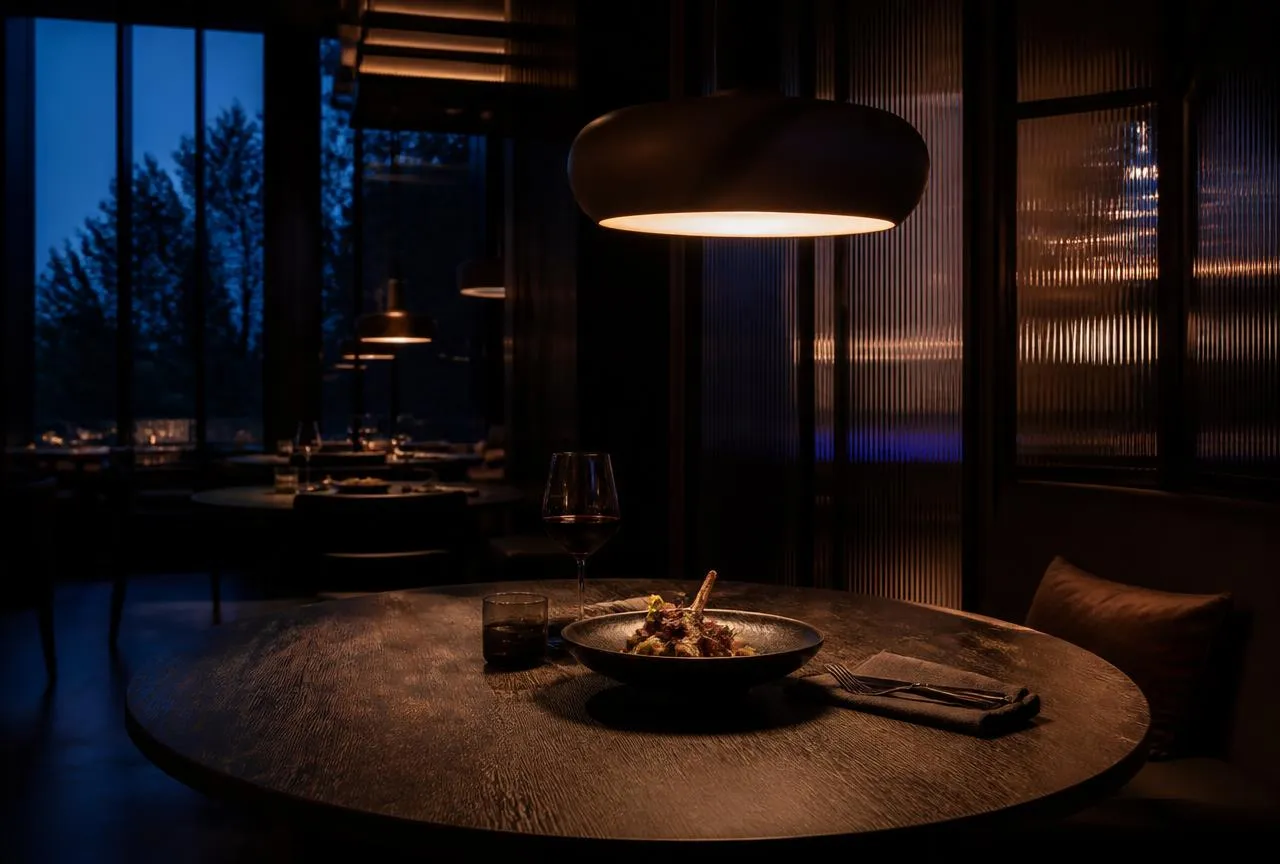 Warm pendant light falling over an oak table in the Ember and Oak restaurant concept