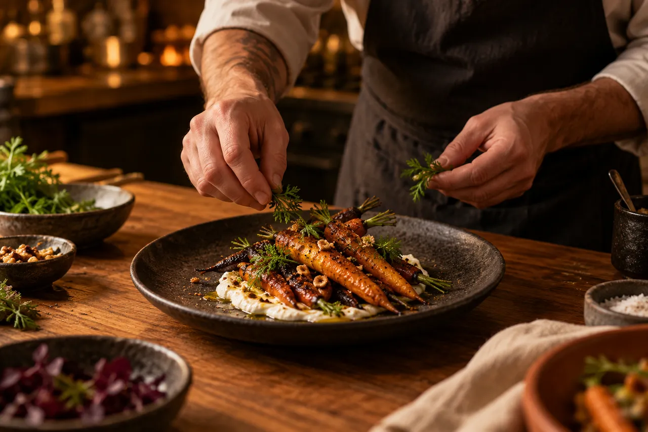 Concept image of roasted carrots being finished with herbs