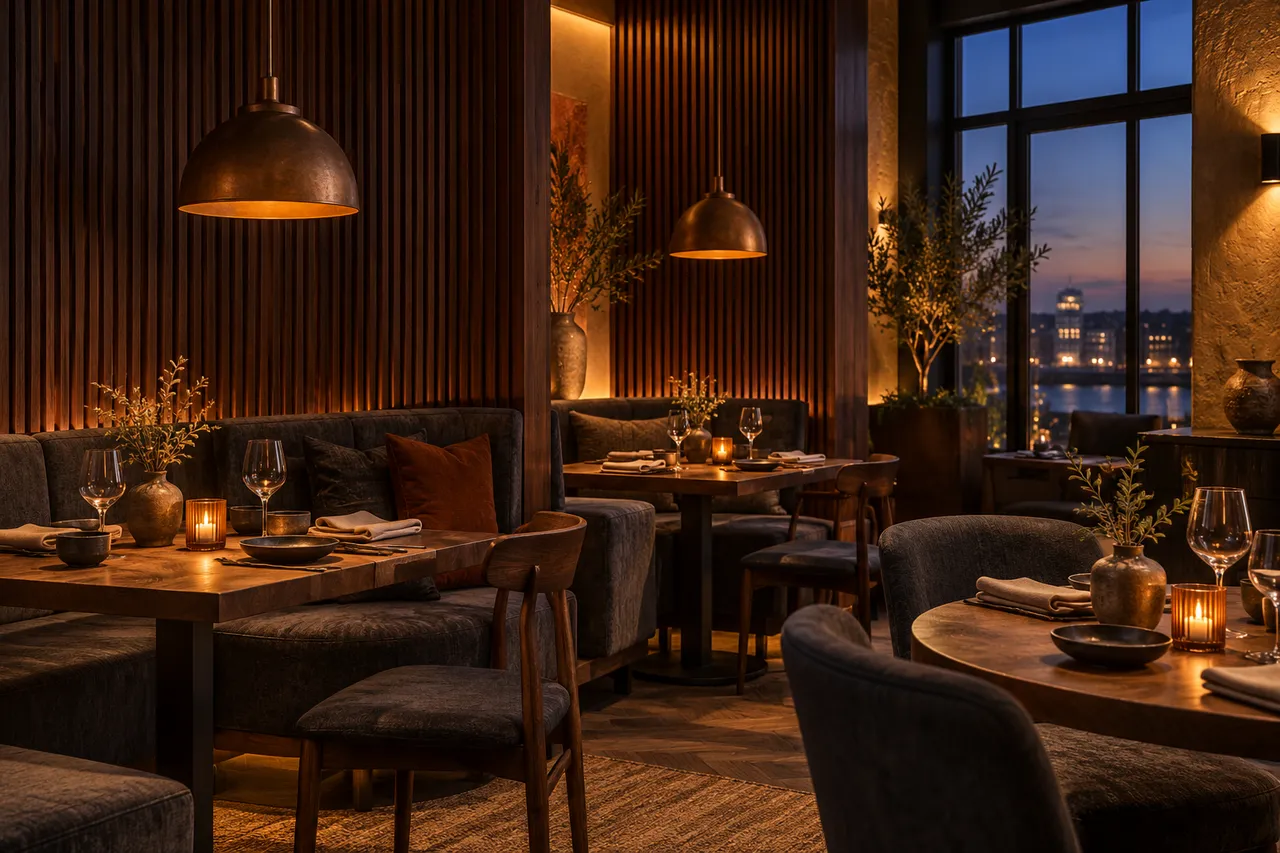 AI concept of an intimate dining room with oak panels and a dusk-lit window