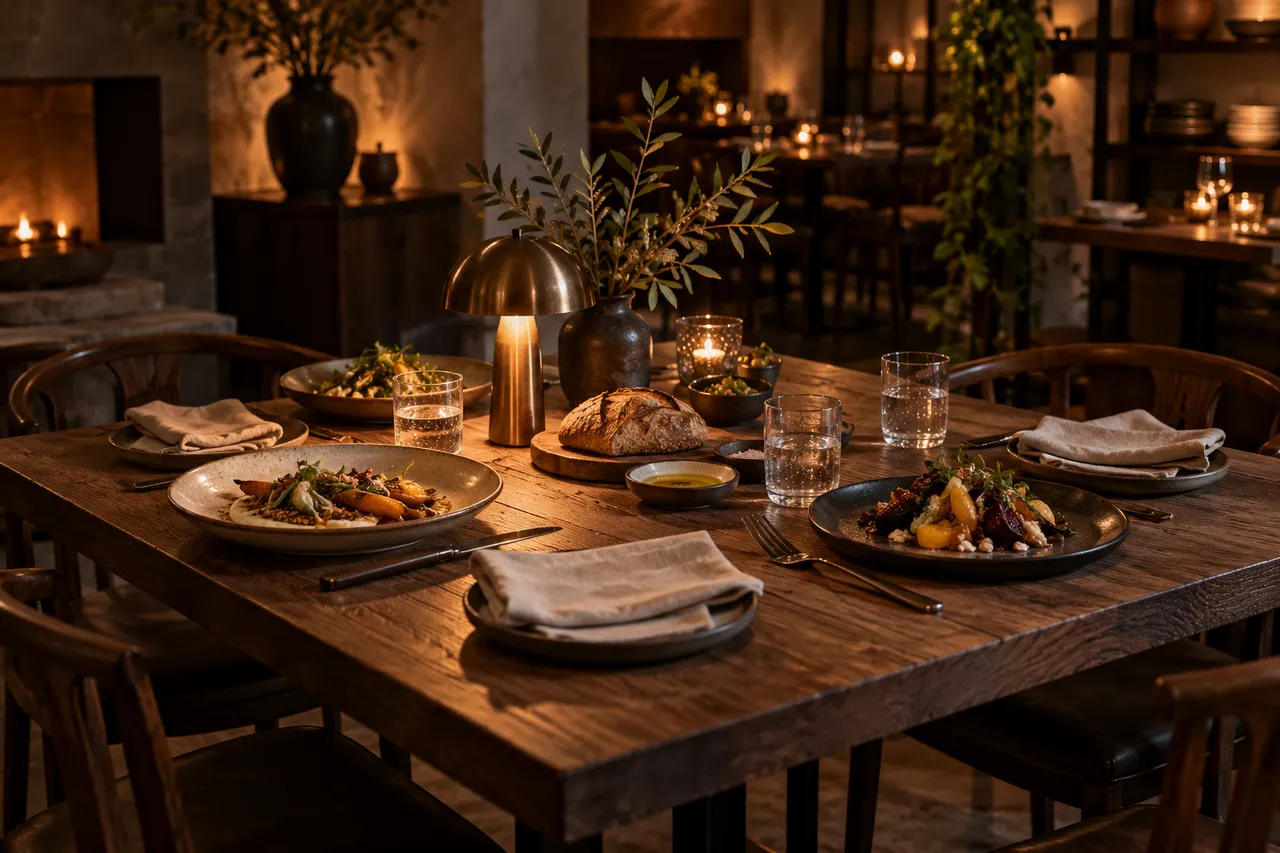 AI concept imagery of an oak dining table with linen, bread and plates to share